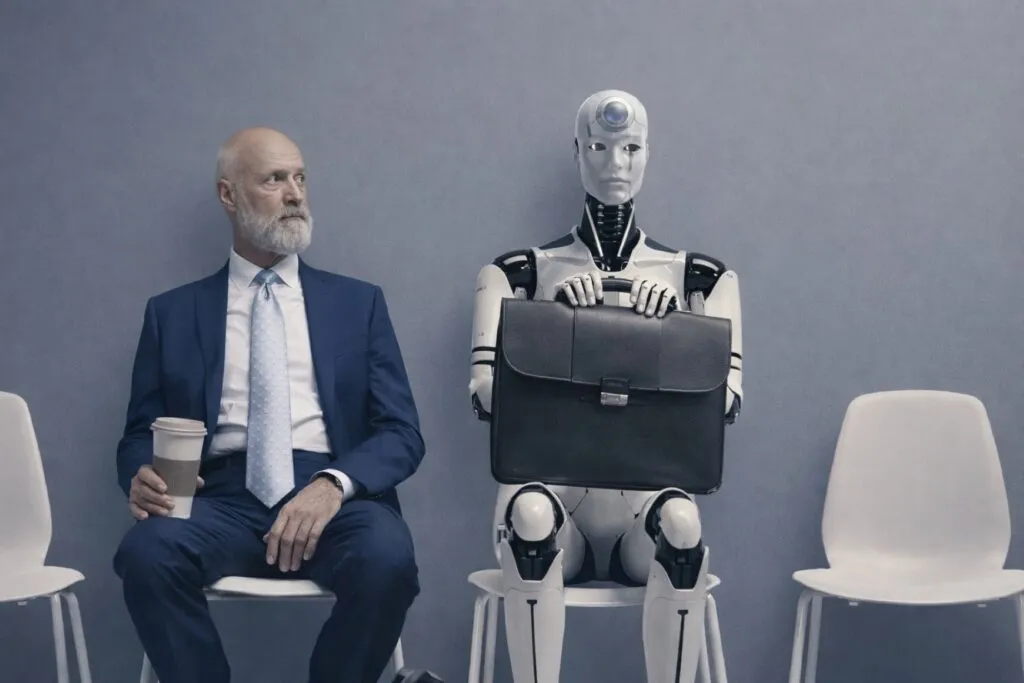 Hombre y robot compitiendo por el mismo puesto laboral, representación del impacto de la inteligencia artificial en el empleo