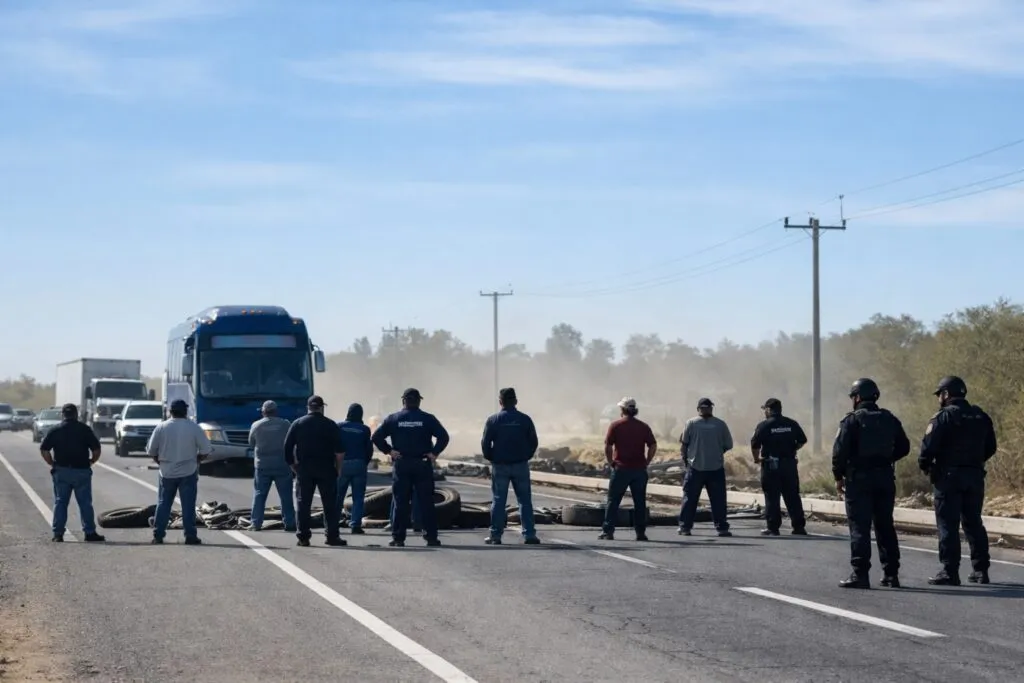 Trabajadores municipales protestando en carretera en BCS exigiendo pago de bono pendiente