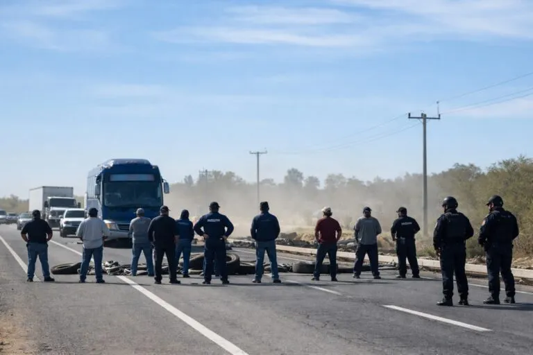 Trabajadores municipales protestando en carretera en BCS exigiendo pago de bono pendiente