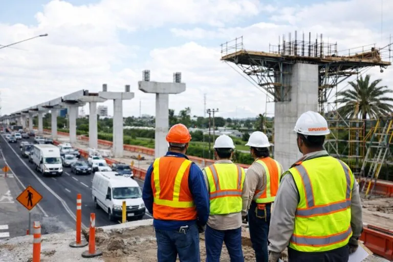 Trabajadores con equipo de seguridad reforzado en las obras del Metro Línea 4 reflejando medidas de seguridad implementadas.