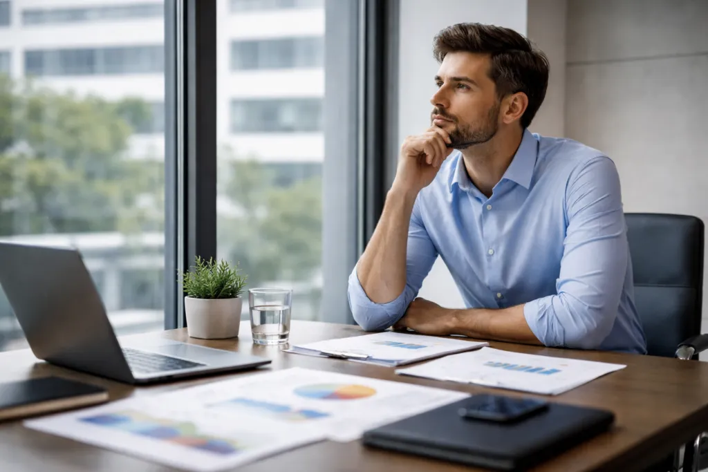 Empleado estrella sin ascenso reflexionando en oficina sobre crecimiento laboral y nuevas oportunidades dentro de la empresa