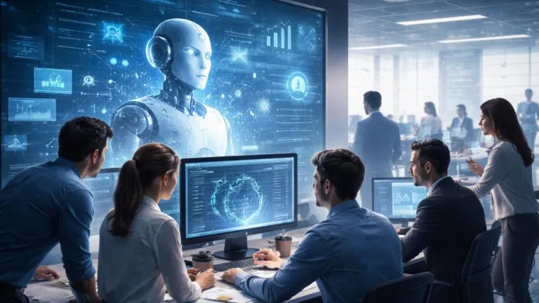 Trabajadores analizando cómo la inteligencia artificial afecta empleos en riesgo dentro de oficinas y sectores digitales