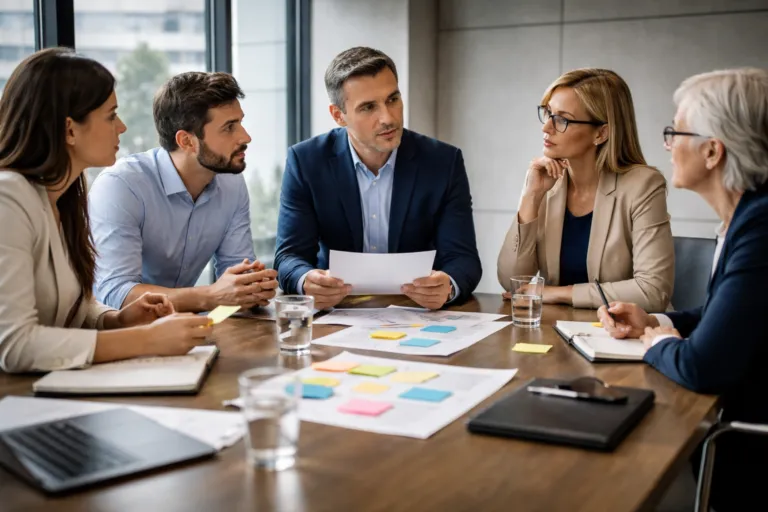 Feedback laboral en equipo corporativo donde líderes analizan opiniones antes de tomar decisiones para fortalecer confianza organizacional