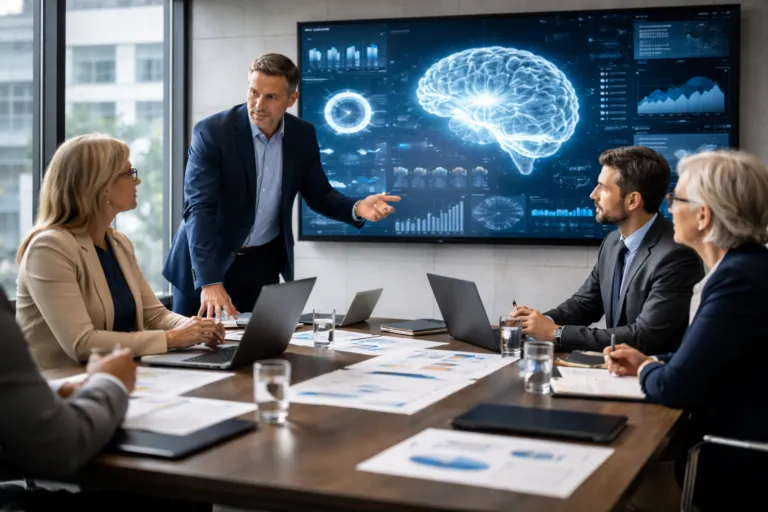IA en el C-Suite con ejecutivos analizando estrategias tecnológicas y decisiones que impactan operaciones y futuro del trabajo