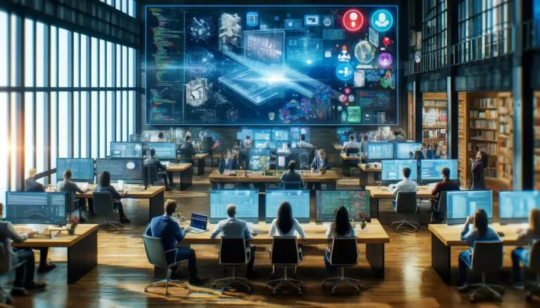 Empleados enfrentando mayor carga laboral por IA con múltiples tareas y presión en entorno corporativo moderno