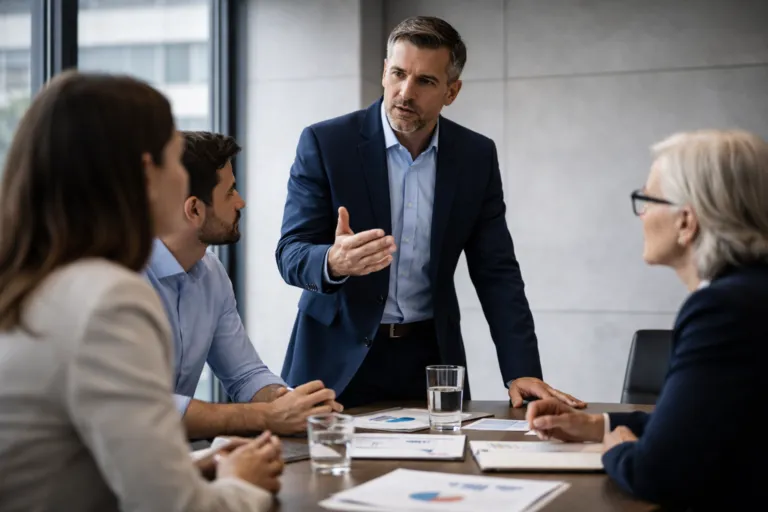 Liderazgo efectivo en equipo corporativo donde líder comunica decisiones claras y fortalece desempeño organizacional
