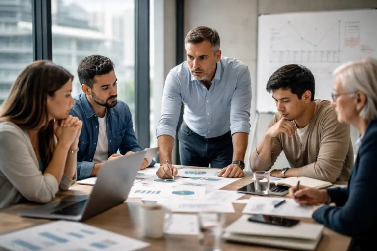 Motivación laboral en crisis con equipos reunidos en oficina analizando retos y liderazgo humano en entorno empresarial difícil