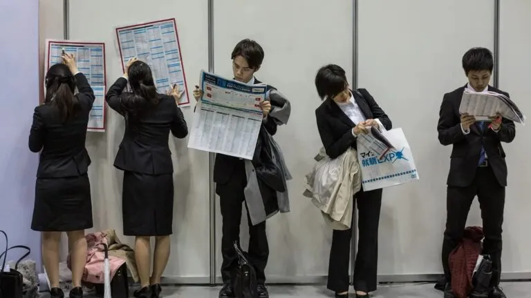 Trabajadores en Japón en entorno laboral moderno reflejando impacto del salario mínimo y aumento salarial tras negociaciones sindicales