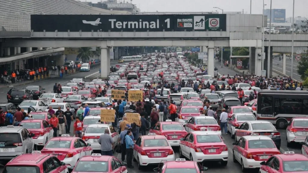 Taxistas bloqueando accesos al Aeropuerto Internacional de la Ciudad de México durante protesta contra servicios por aplicación