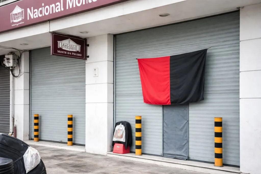 Empleados manifestándose por huelga Monte de Piedad y respeto al contrato colectivo frente a sucursal cerrada en México.