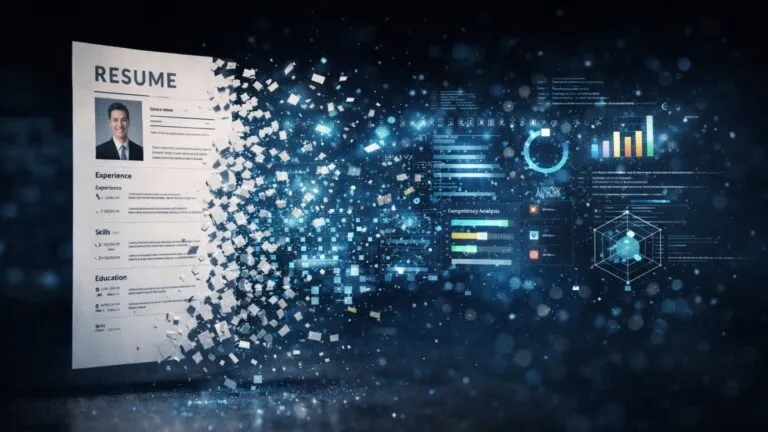 cambios en el mercado laboral con currículum transformándose en datos digitales y análisis con inteligencia artificial