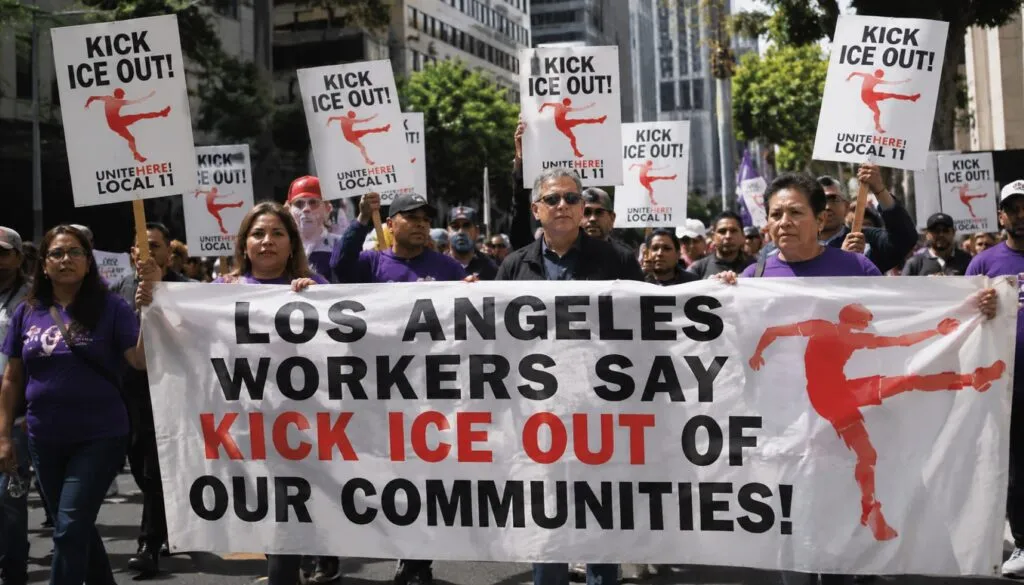 Trabajadores sindicalizados protestan contra ICE durante el Mundial 2026 en Los Ángeles