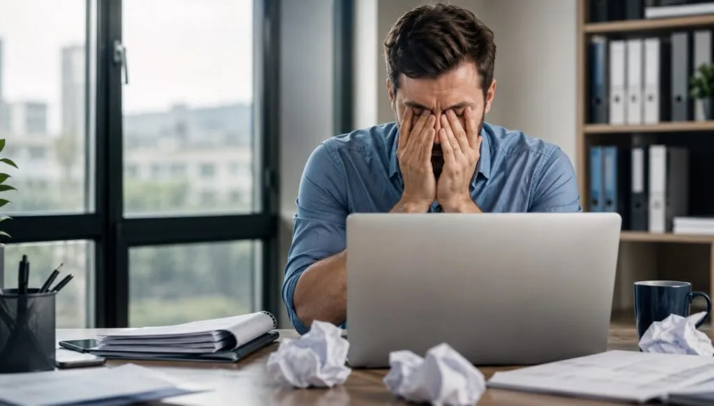 Trabajador cansado en una oficina por estrés laboral y problemas de sueño durante la jornada.