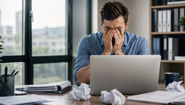 Trabajador cansado en una oficina por estrés laboral y problemas de sueño durante la jornada.
