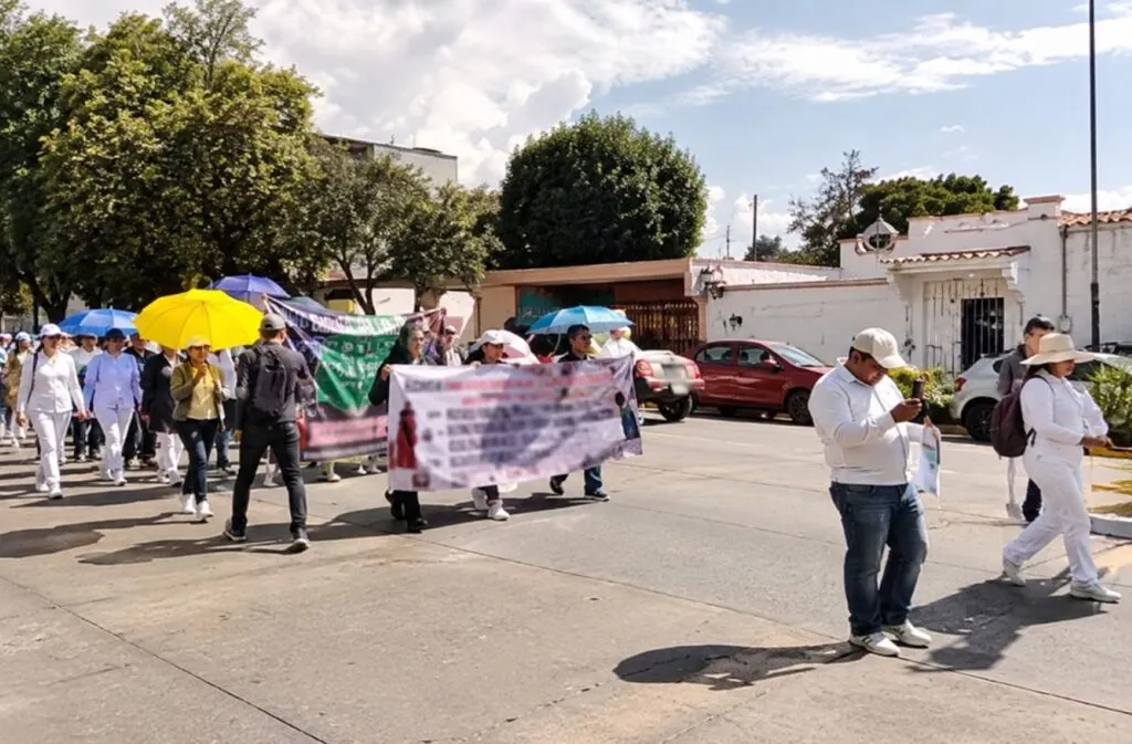 Trabajadores del IMSS participan en una marcha en Oaxaca para solicitar mejores salarios, plazas y condiciones laborales.